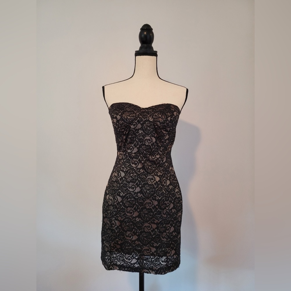 Strapless black lace cocktail dress